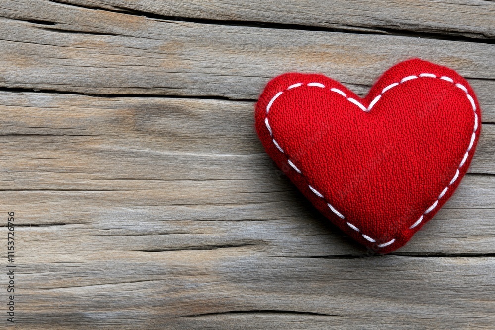 A close-up of a handmade red fabric heart stitched with white thread, resting on a rustic wooden background A close-up of a handmade red fabric heart stitched with white thread, resting on a rustic wooden background