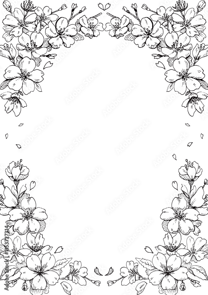 桜の花フレーム - デザイン素材用モノクロイラスト