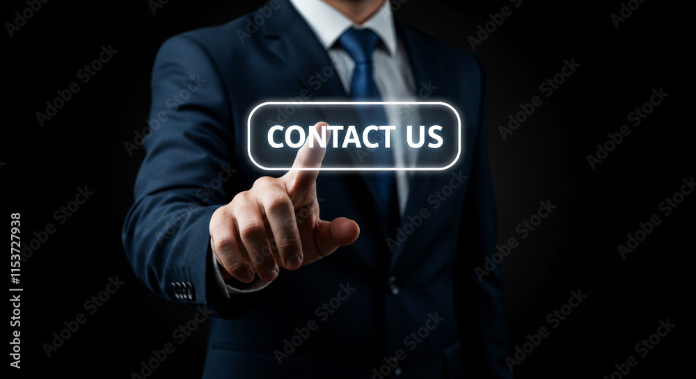 Professional businessman interacting with digital contact us button, business technology concept, virtual screen communication, futuristic business solution, customer service touchpoint. Professional businessman interacting with digital contact us button, business technology concept, virtual screen communication, futuristic business solution, customer service touchpoint.