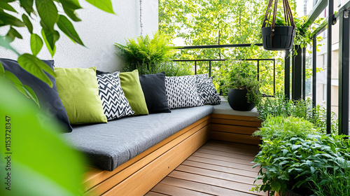 Moderner Balkon mit gemütlicher Sitzecke und üppigen Pflanzen
