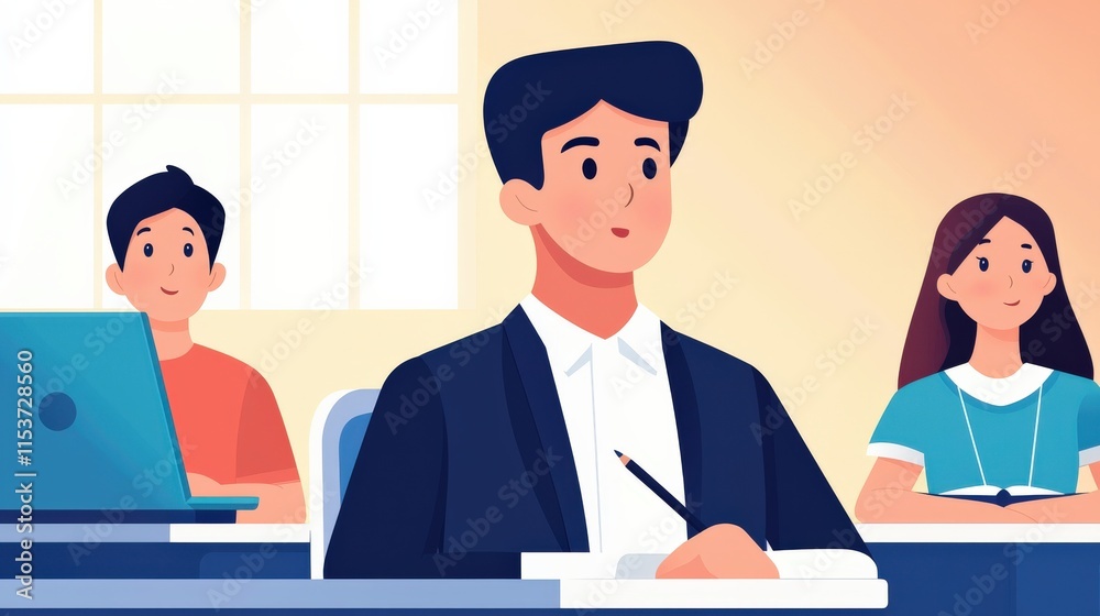 A classroom scene featuring diverse students engaged in learning, with one student at the forefront, focused and taking notes. A classroom scene featuring diverse students engaged in learning, with one student at the forefront, focused and taking notes.