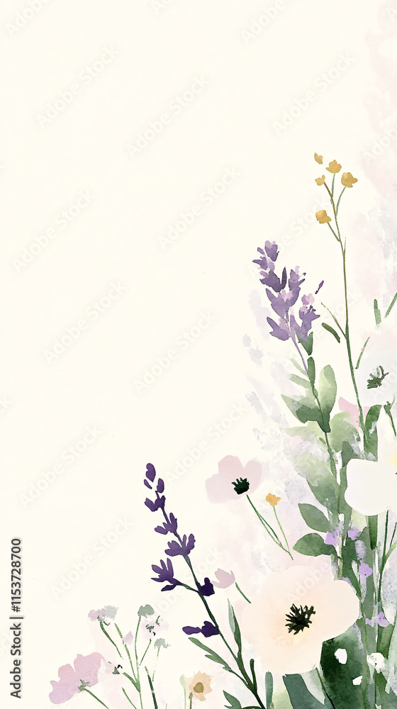 Obraz premium Watercolor illustration of flowers in pastel shades of white, lavender, and blush pink on the side of the image.