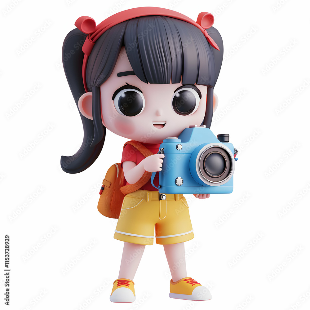 Cute Cartoon Character with Camera Ready for Adventure in Summer