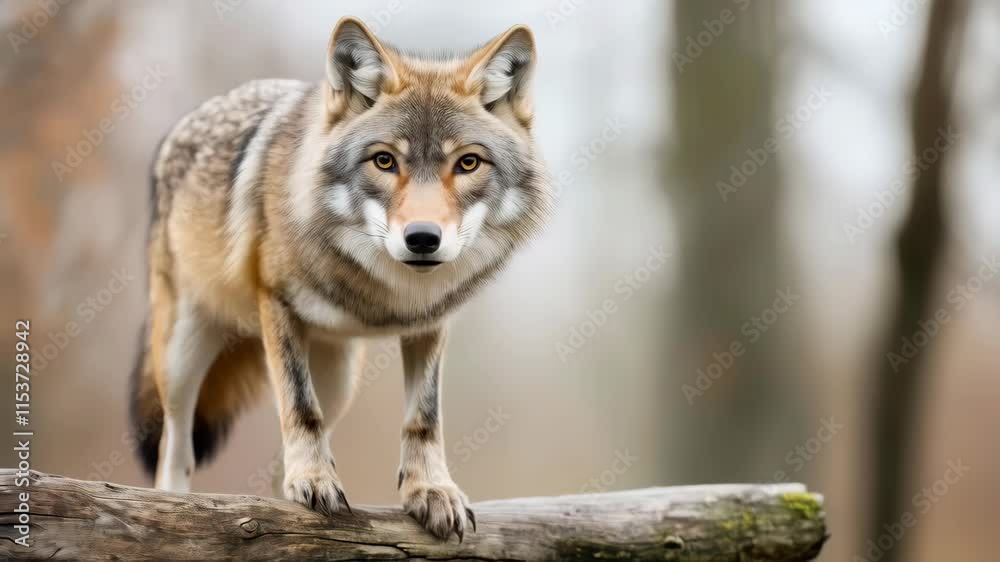 Alert coyote standing on fallen log in forest Alert coyote standing on fallen log in forest