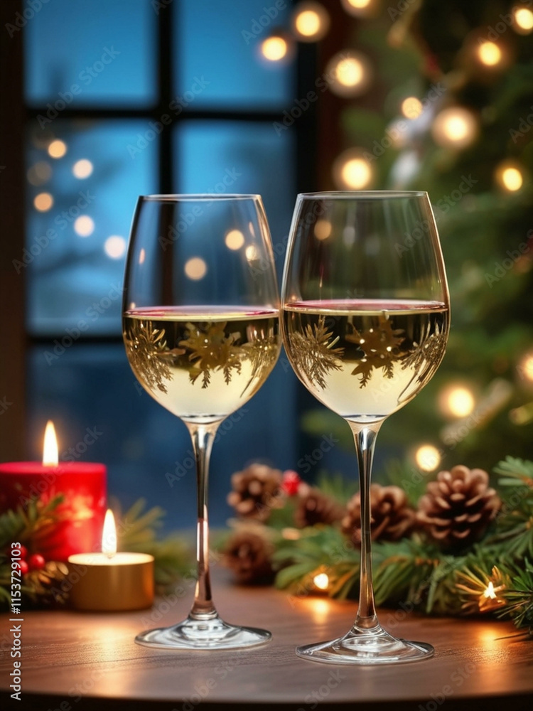 glasses of wine and christmas tree glasses of wine and christmas tree