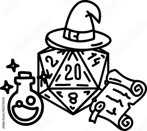 DND Dice Rpg board game character. Fantasy icosahedron wargame. 20-sided tabletop icon, cartoon style on white background