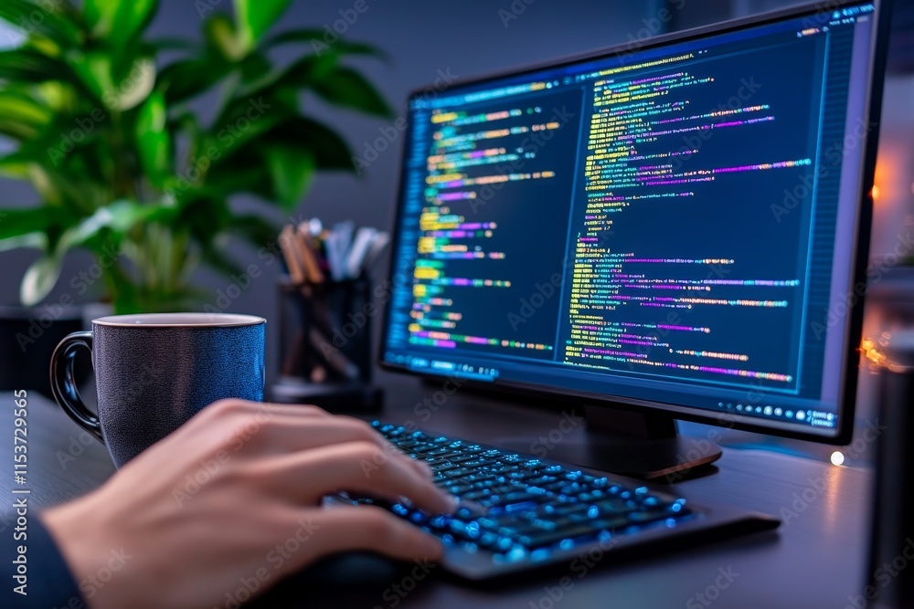 A dual-monitor setup showing a live coding console running financial algorithms, with a coffee cup and tech gadgets on the desk A dual-monitor setup showing a live coding console running financial algorithms, with a coffee cup and tech gadgets on the desk