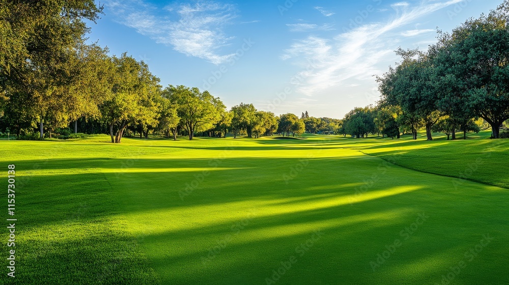 A tranquil golf course setting with meticulously groomed fairways, Golfing essentials elegantly displayed, Classic sporting style A tranquil golf course setting with meticulously groomed fairways, Golfing essentials elegantly displayed, Classic sporting style