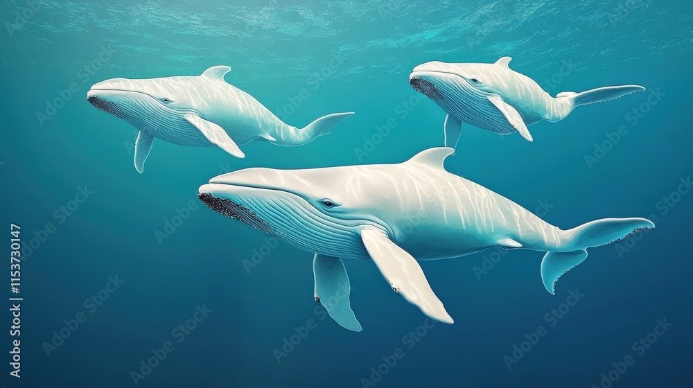 Fototapeta premium Three majestic whales swim gracefully in clear blue waters, showcasing their immense size and beauty in a serene underwater environment.