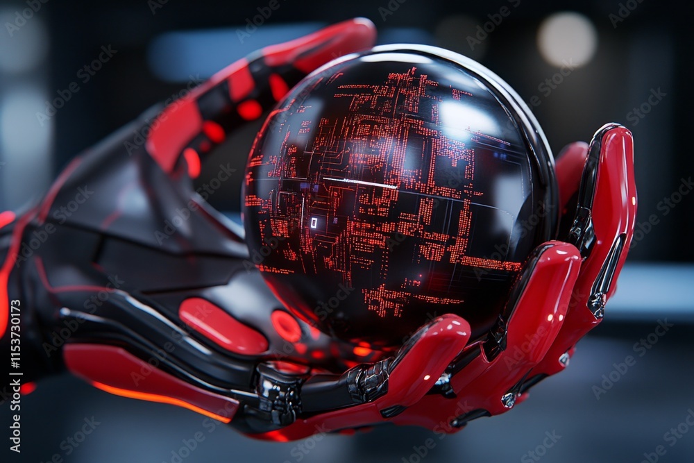 A futuristic depiction of robotic hands with glowing circuits, gently holding a holographic sphere displaying data streams and digital grids A futuristic depiction of robotic hands with glowing circuits, gently holding a holographic sphere displaying data streams and digital grids