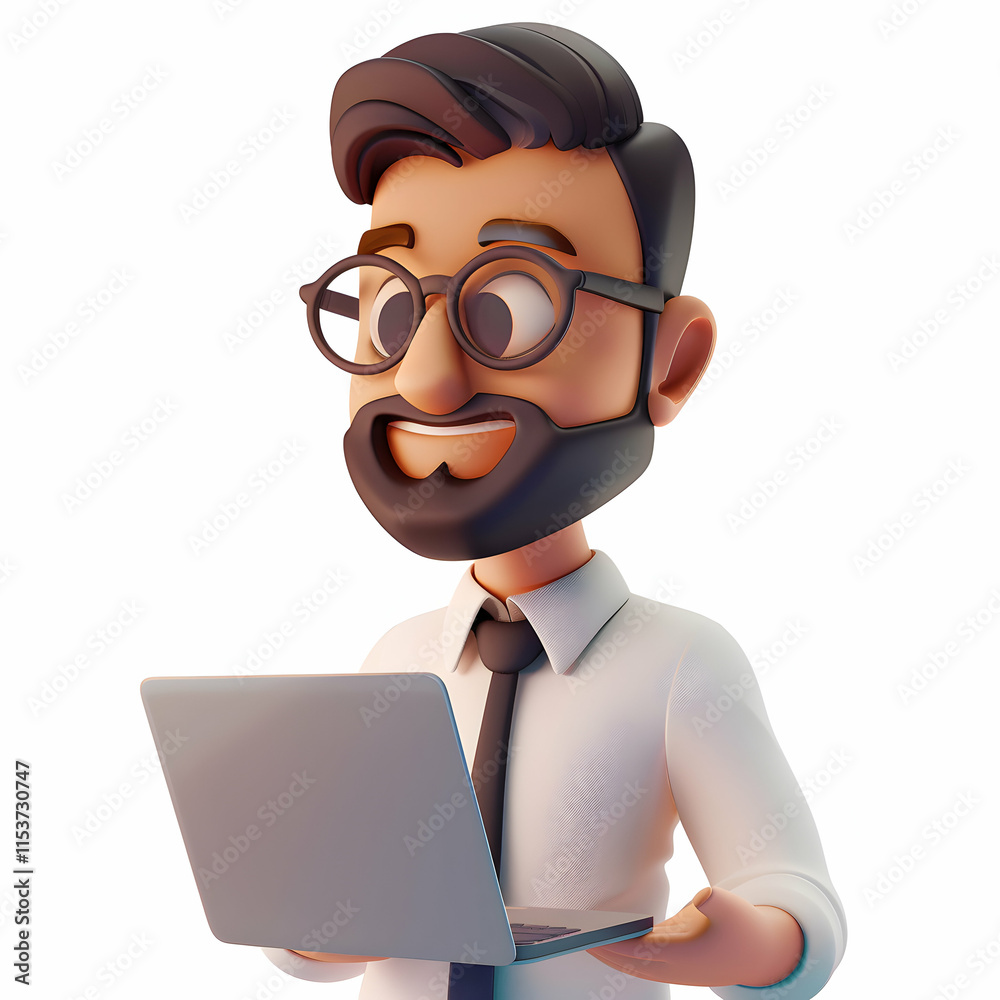 Cartoon Character Working on Laptop with Glasses and Beard Cartoon Character Working on Laptop with Glasses and Beard