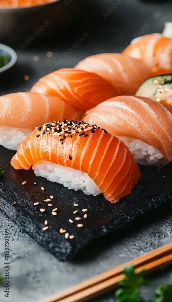 A Delicious Assortment of Fresh Nigiri Sushi Presented on a Slate Platter, A Culinary Delight A Delicious Assortment of Fresh Nigiri Sushi Presented on a Slate Platter, A Culinary Delight