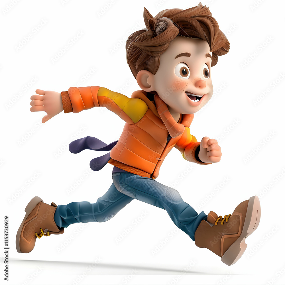 Happy Cartoon Boy Running with Joyful Expression and Colorful Outfit Happy Cartoon Boy Running with Joyful Expression and Colorful Outfit