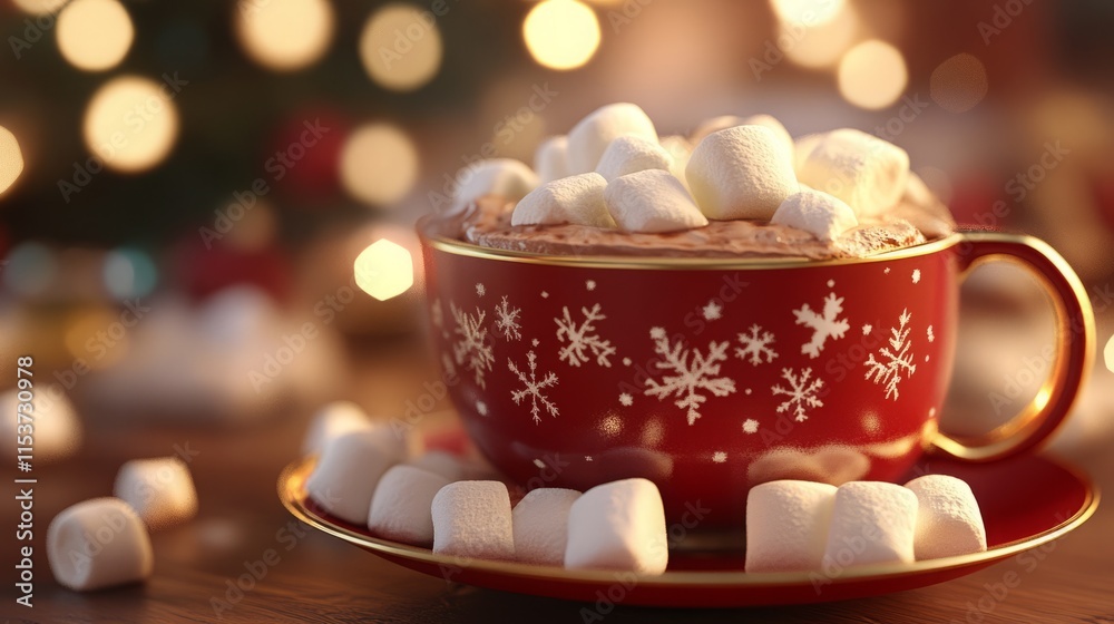 Fototapeta premium Cozy Hot Chocolate with Marshmallows in Festive Red Cup