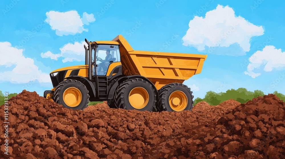 Fototapeta premium A bright yellow dump truck is unloading dirt on a construction site, set against a clear blue sky with fluffy clouds and greenery in the background.
