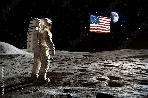 A historical representation of the first moon landing in 1969, showing astronauts planting the American flag on the lunar surface photo