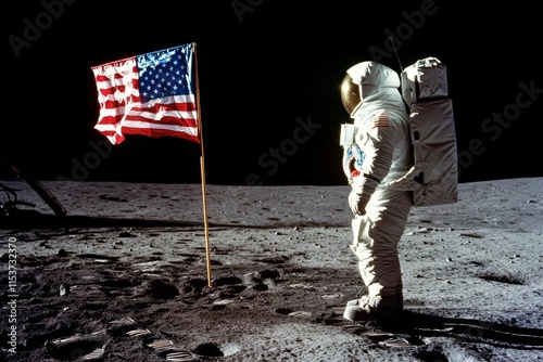 A historical representation of the first moon landing in 1969, showing astronauts planting the American flag on the lunar surface