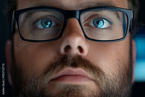 A hyper-realistic close-up of a hipster man face, showing a detailed beard, stylish glasses, and soft lighting reflecting on his skin