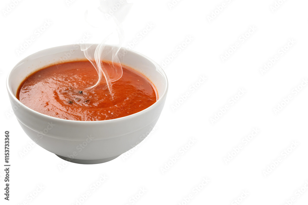Tomato Soup Bowl Placed on Left Side Isolated on White Background Tomato Soup Bowl Placed on Left Side Isolated on White Background