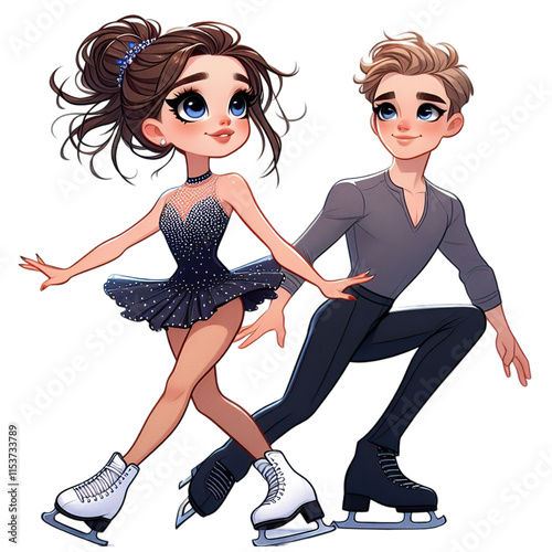 Beautiful young couple girl and guy in marvelous athletic shape do figure skating on ice skates photo