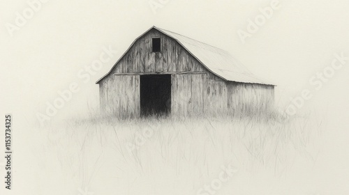 Rustic wooden barn in tall grass, pencil sketch.