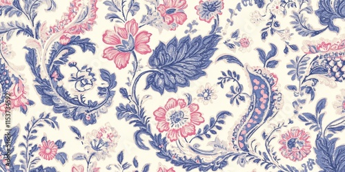 Vintage wallpaper showcasing an antique design featuring a blue and pink paisley floral pattern. Its a classic piece with an elegant floral motif.