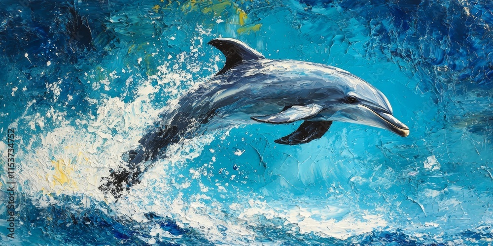 Fototapeta premium Dolphin leaping gracefully above the shimmering blue water, showcasing the playful nature of dolphins as they interact with their vibrant aquatic environment in an exhilarating display of agility.