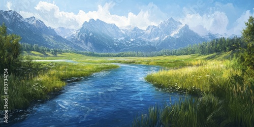 Wide blue river gently meanders through lush green meadows and majestic mountains, surrounded by tall grass, capturing the essence of summer days with its slow flowing beauty.