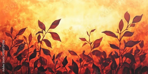 A tranquil sunset showcases foliage silhouettes bathed in warm sunlight. This artwork features vibrant orange and red tones reminiscent of a sunset, with shrubs outlined against a gentle sunset glow.