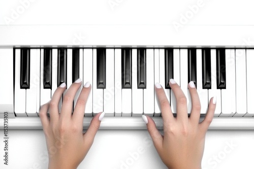 A pair of hands playing a grand piano, with the fingers gracefully moving across black and white keys in a dramatic, soft-lit setting