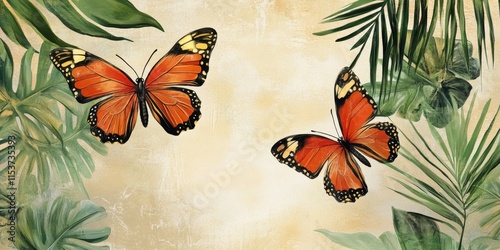 Tropical themed abstract artwork showcases vibrant butterflies alongside an area designated for text. This design beautifully merges nature with space for written content.