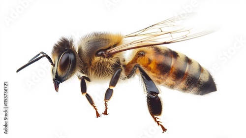Detailed Close-Up of a Honeybee in Flight Against a White Background
