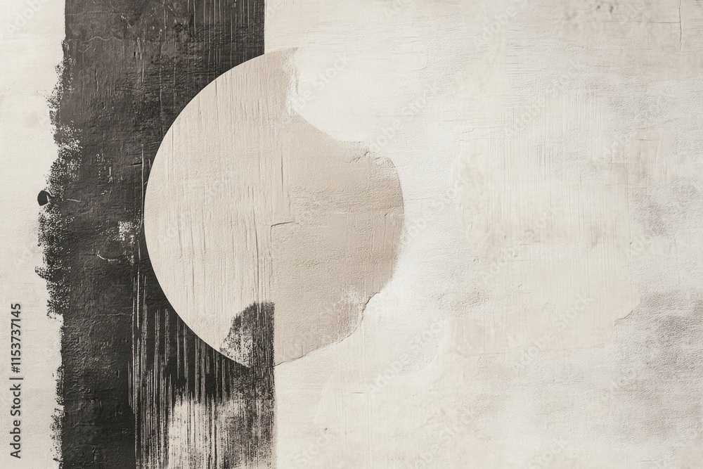 Abstract painting combining black and beige colors with a circle shape