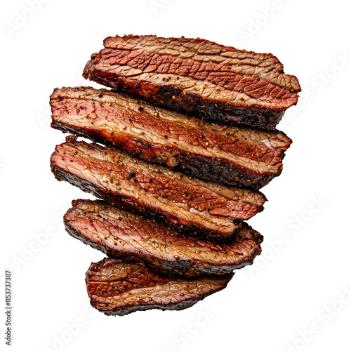 Juicy slices of grilled beef brisket arranged in a row. Well-cooked meat showing texture and char. Isolated on white transparent background. Concept of barbecue