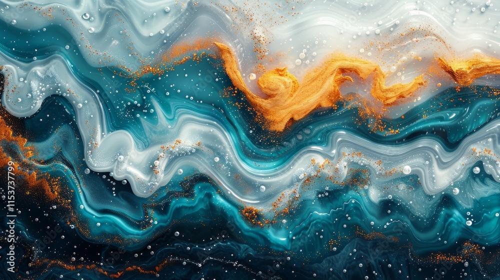Naklejka premium Abstract fluid art with teal, white, and gold swirls and bubbles.