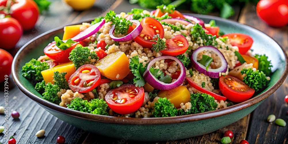 Vibrant Quinoa Salad Close-Up: Kale, Tomato, Red Onion, Cucumber, Bell Pepper Bowl Vibrant Quinoa Salad Close-Up: Kale, Tomato, Red Onion, Cucumber, Bell Pepper Bowl