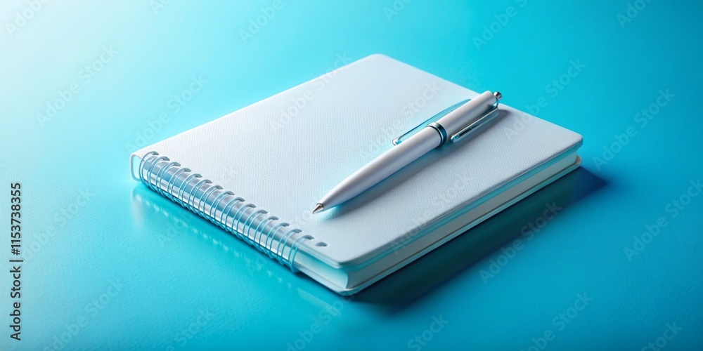 White Notebook Action Shot: Closed Notebook, Pen, Light Blue Background Photography White Notebook Action Shot: Closed Notebook, Pen, Light Blue Background Photography