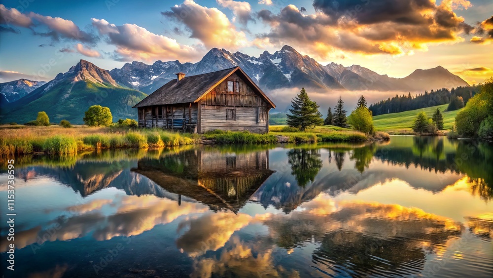 Wide-Angle Landscape: Serene Lake, Majestic Mountains, Rustic Old House - Stunning Nature Photography Wide-Angle Landscape: Serene Lake, Majestic Mountains, Rustic Old House - Stunning Nature Photography