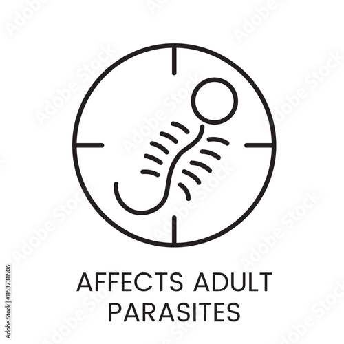 A vector linear icon of a circle with a zoomed view of a parasite silhouette, representing the effect on adult parasites with an editable stroke