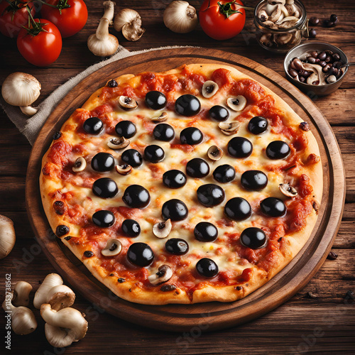 Tasty pepperoni pizza with mushrooms and olives.