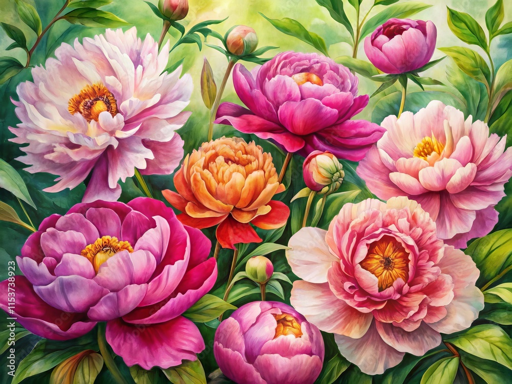 Obraz premium Wide-Angle Watercolor Peony Clipart: Floral Botanical for Graphic Design