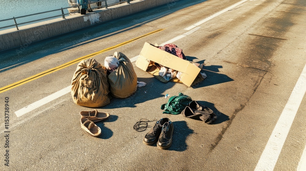 Obraz premium A pile of discarded items and bags on a deserted road.