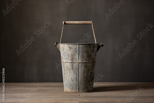 Rustic metal milk pail with a weathered finish and handle, positioned upright with a slight dent near the base