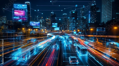 A futuristic city glowing with neon lights, holographic billboards floating in the sky, autonomous vehicles navigating smoothly through interconnected streets