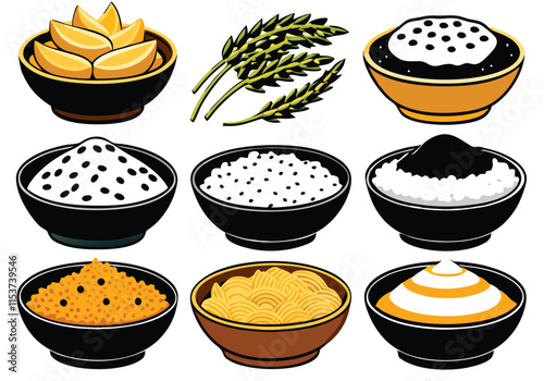 Premium Cereal Collection  Black and Gold Stylish Bowls: Rice, Chickpeas, and Seeds