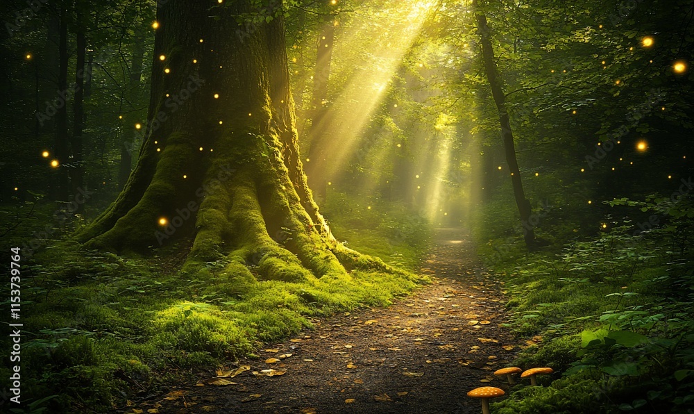 Obraz premium Magical forest path with sunbeams, moss, and fireflies.