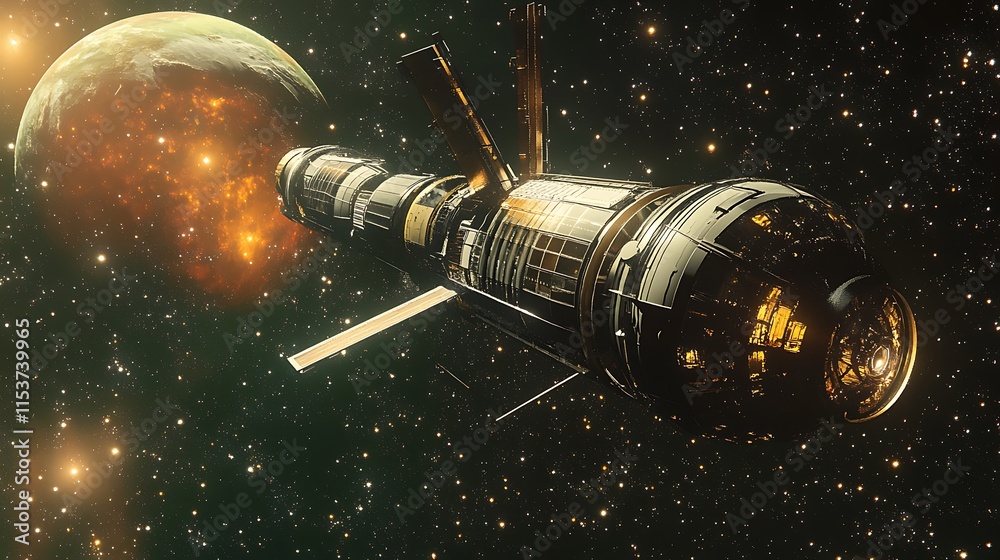 A futuristic spacecraft orbiting a massive planet with vibrant galaxy backdrops and shimmering space debris A futuristic spacecraft orbiting a massive planet with vibrant galaxy backdrops and shimmering space debris