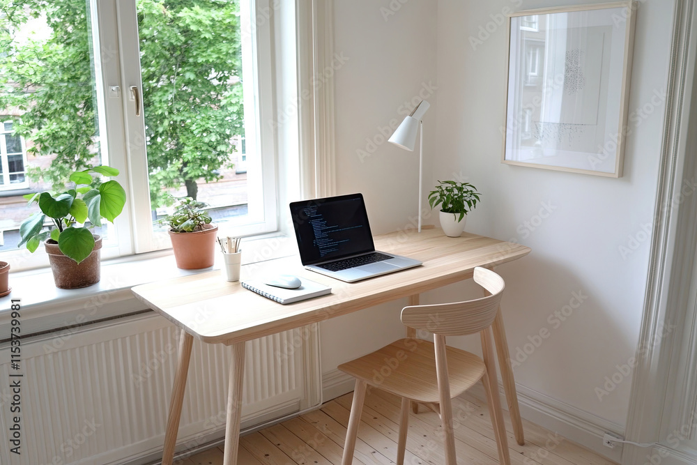 Fototapeta premium Modernes Home-Office mit minimalistischer Einrichtung und natürlichem Licht