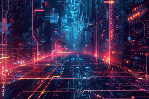 Futuristic Cityscape with Neon Lights and Circuitry