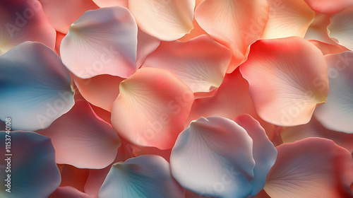 Close-up of Vibrant Rose Petals in Soft Hues, A close-up view of a collection of rose petals, showcasing a beautiful array of soft, pastel colors.